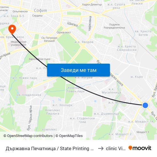 Държавна Печатница / State Printing House (0555) to clinic Vision map