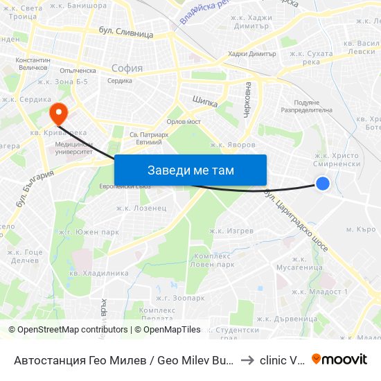 Автостанция Гео Милев / Geo Milev Bus Station (0052) to clinic Vision map