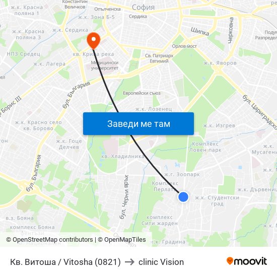 Кв. Витоша / Vitosha (0821) to clinic Vision map