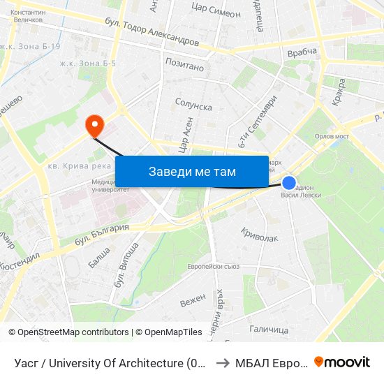 Уасг / University Of Architecture (0387) to МБАЛ Европа map