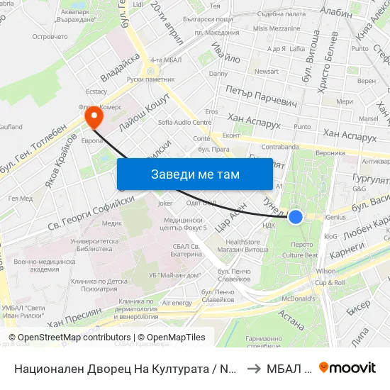 Ⓜ️ Национален Дворец На Културата / National Palace Of Culture (1139) to МБАЛ Европа map