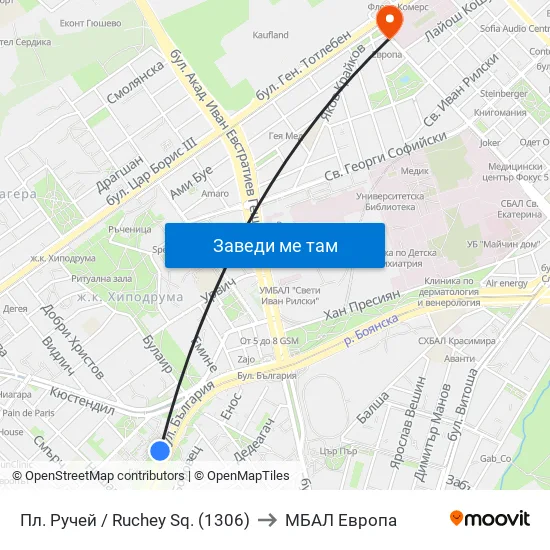 Пл. Ручей / Ruchey Sq. (1306) to МБАЛ Европа map