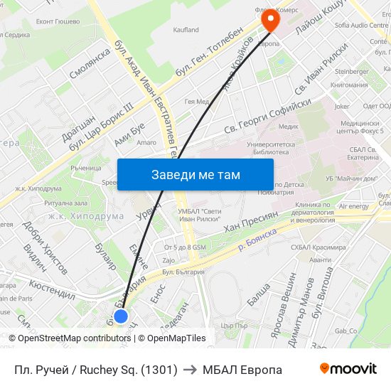 Пл. Ручей / Ruchey Sq. (1301) to МБАЛ Европа map