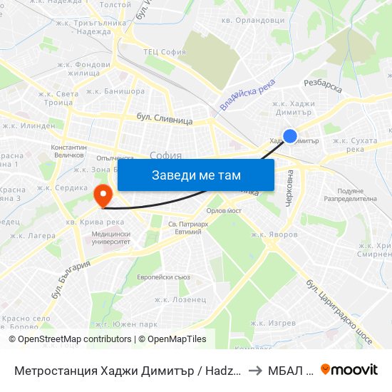 Метростанция Хаджи Димитър / Hadzhi Dimitar Metro Station (0303) to МБАЛ Европа map