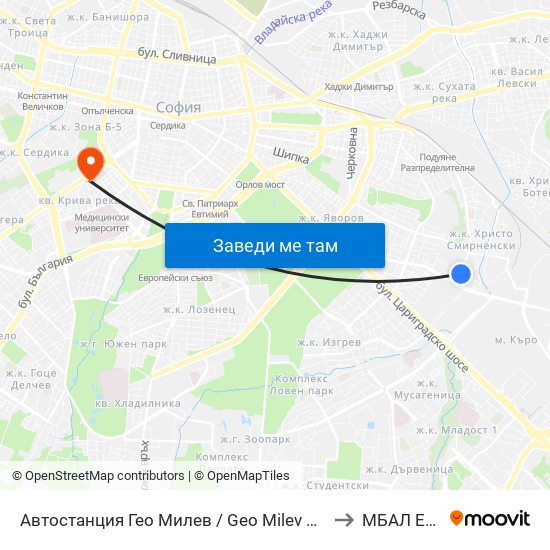 Автостанция Гео Милев / Geo Milev Bus Station (0052) to МБАЛ Европа map