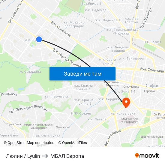 Люлин / Lyulin to МБАЛ Европа map