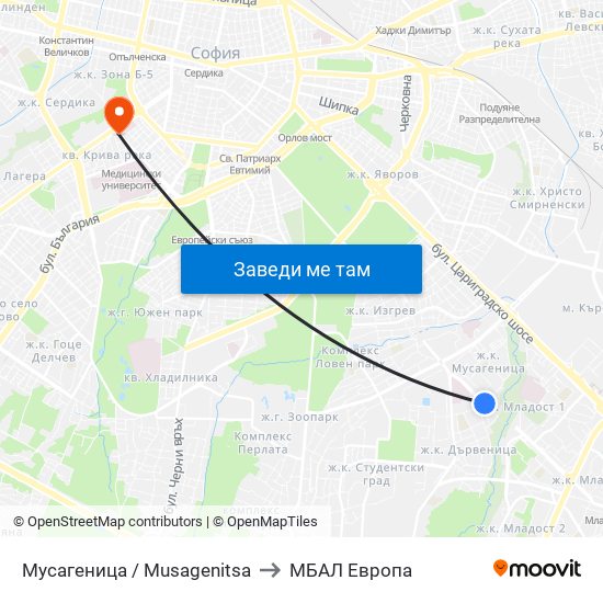 Мусагеница /  Musagenitsa to МБАЛ Европа map