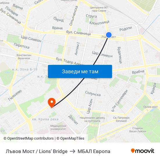 Лъвов Мост / Lions' Bridge to МБАЛ Европа map