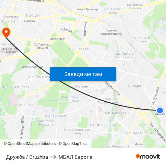 Дружба / Druzhba to МБАЛ Европа map