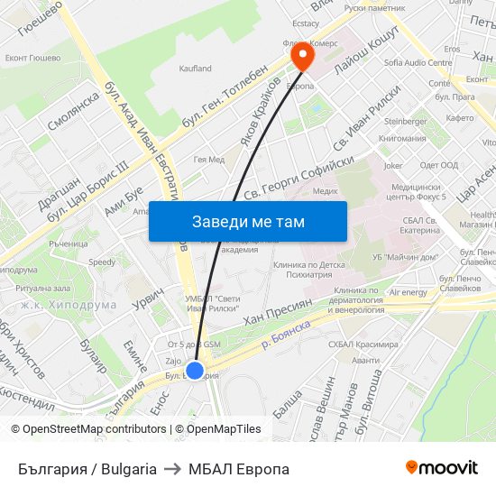 България / Bulgaria to МБАЛ Европа map