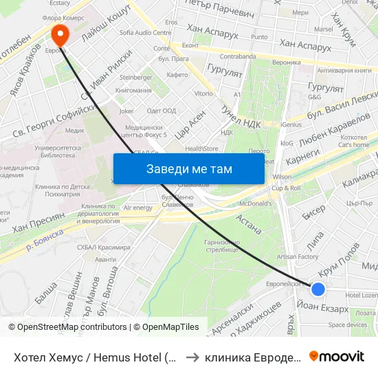Ⓜ️ Хотел Хемус / Hemus Hotel (2329) to клиника Евродерма map