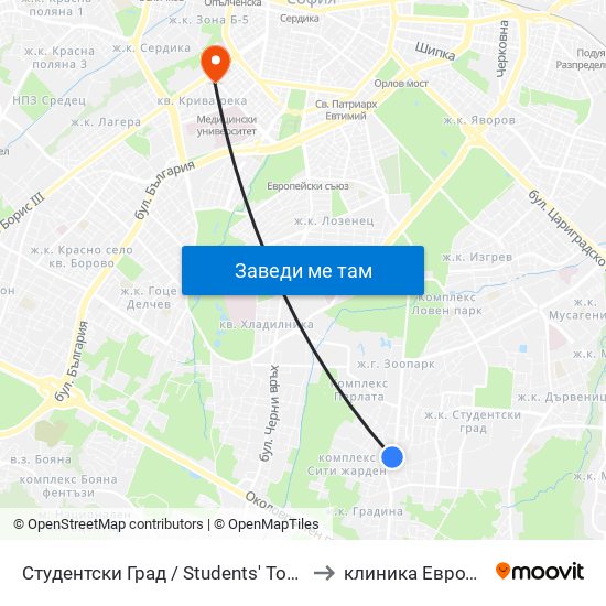 Студентски Град / Students' Town (2382) to клиника Евродерма map