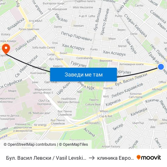Бул. Васил Левски / Vasil Levski Blvd. (0300) to клиника Евродерма map