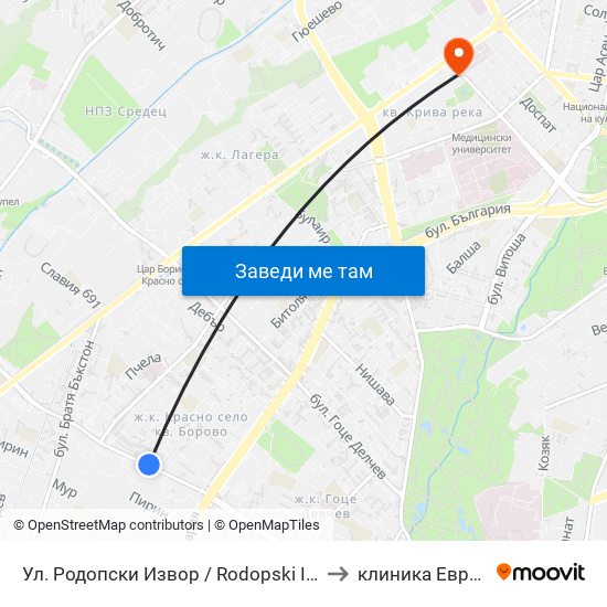 Ул. Родопски Извор / Rodopski Izvor St. (2730) to клиника Евродерма map