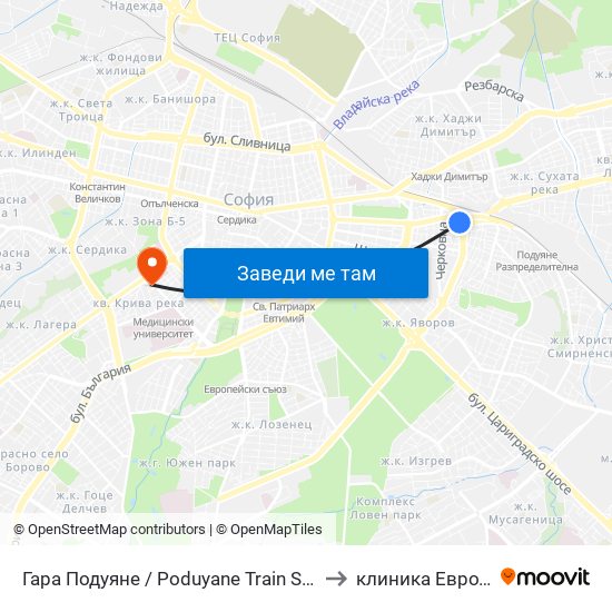 Гара Подуяне / Poduyane Train Station (0468) to клиника Евродерма map
