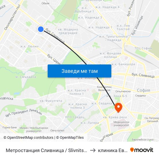 Метростанция Сливница / Slivnitsa Metro Station (1063) to клиника Евродерма map
