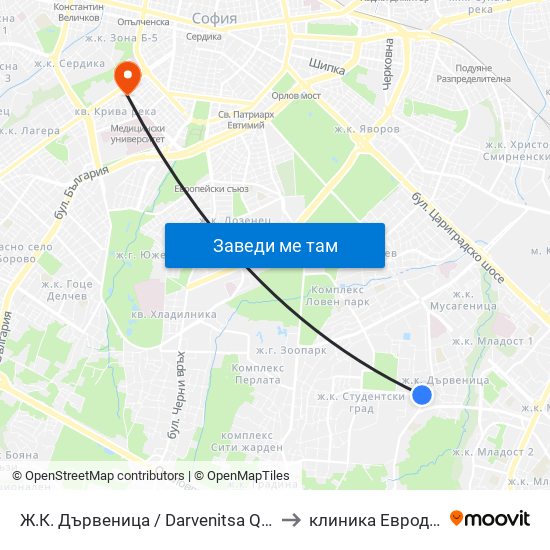 Ж.К. Дървеница / Darvenitsa Qr. (0800) to клиника Евродерма map