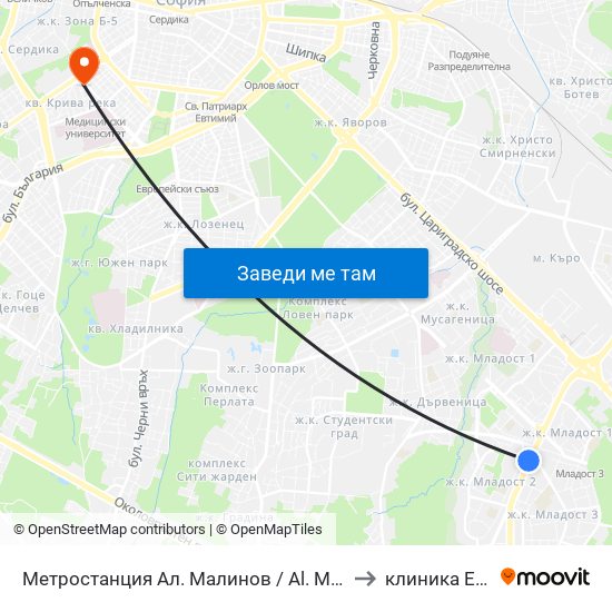 Метростанция Ал. Малинов / Al. Malinov Metro Station (0169) to клиника Евродерма map