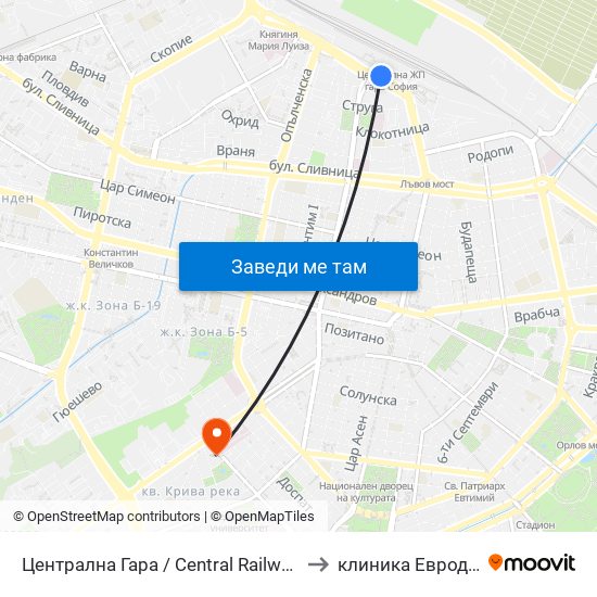 Централна Гара / Central Railway Station to клиника Евродерма map