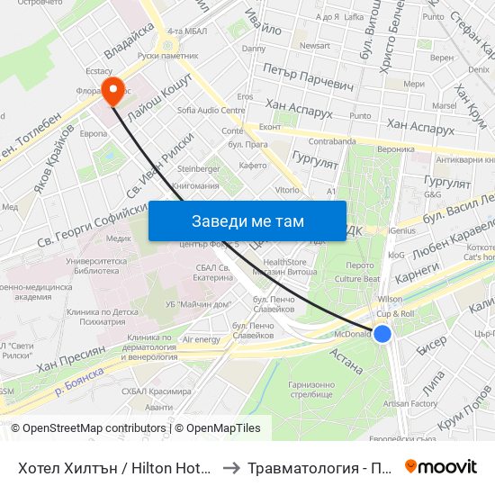 Хотел Хилтън / Hilton Hotel (0397) to Травматология - Пирогов map