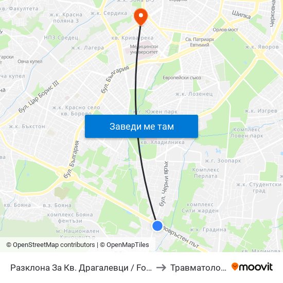 Разклона За Кв. Драгалевци / Fork Road To Dragalevtsi Qr. (1457) to Травматология - Пирогов map