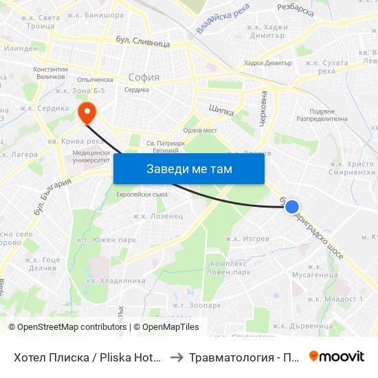 Хотел Плиска / Pliska Hotel (2326) to Травматология - Пирогов map
