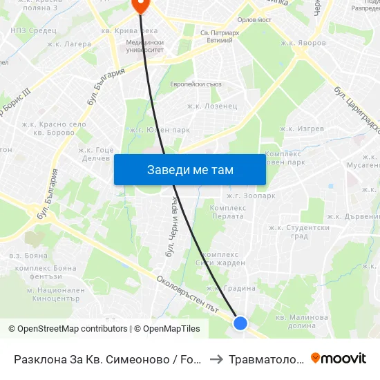 Разклона За Кв. Симеоново / Fork Road To Simeonovo Qr. (1458) to Травматология - Пирогов map