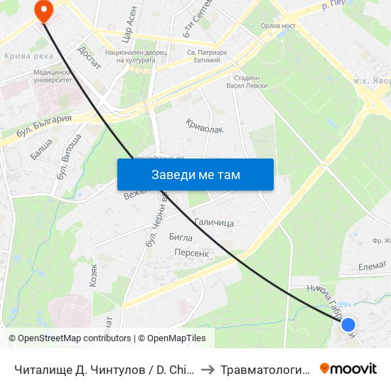 Читалище Д. Чинтулов / D. Chintulov Library (2366) to Травматология - Пирогов map