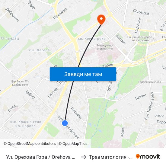 Ул. Орехова Гора / Orehova Gora St. (2089) to Травматология - Пирогов map