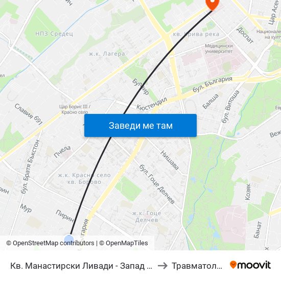 Кв. Манастирски Ливади - Запад / Manastirski Livadi - West Qr. (0582) to Травматология - Пирогов map