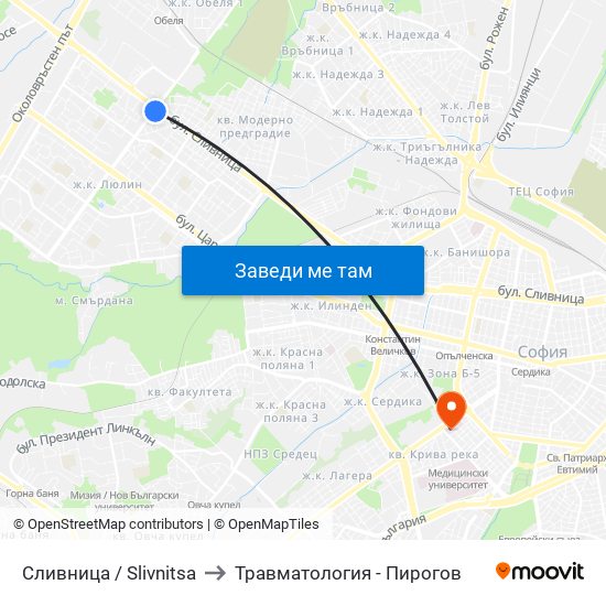 Сливница / Slivnitsa to Травматология - Пирогов map