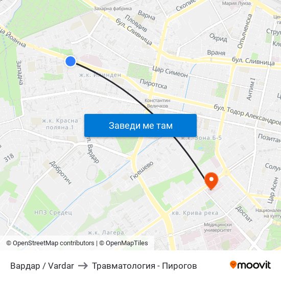 Вардар / Vardar to Травматология - Пирогов map