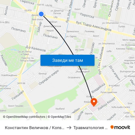 Константин Величков / Konstantin Velichkov to Травматология - Пирогов map