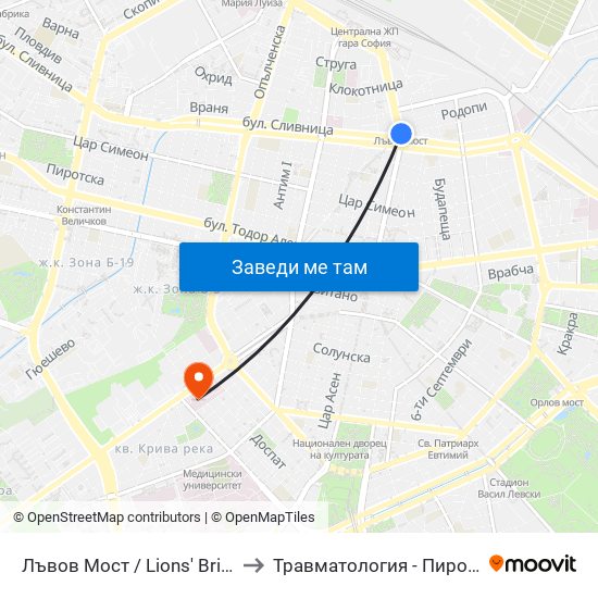 Лъвов Мост / Lions' Bridge to Травматология - Пирогов map