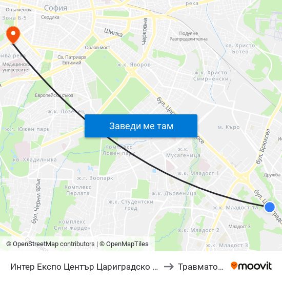 Интер Експо Център Цариградско Шосе / Inter Expo Center – Tsarigradsko Shose to Травматология - Пирогов map