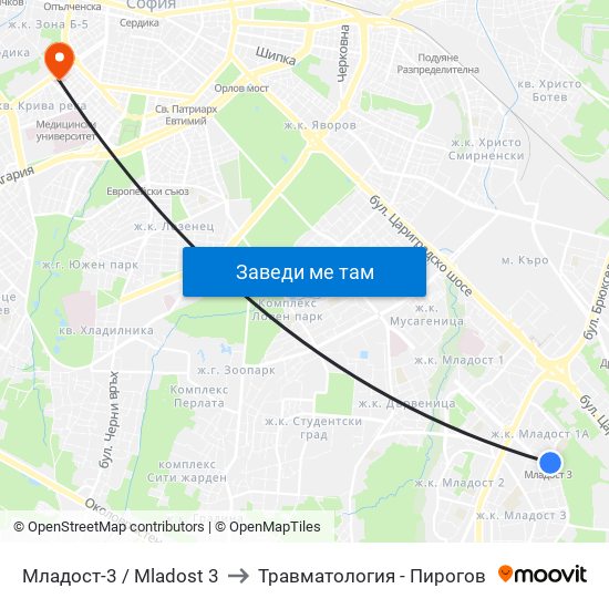 Младост-3 / Mladost 3 to Травматология - Пирогов map