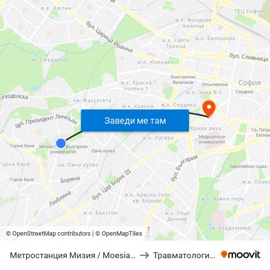 Метростанция Мизия / Moesia Metro Station (6089) to Травматология - Пирогов map