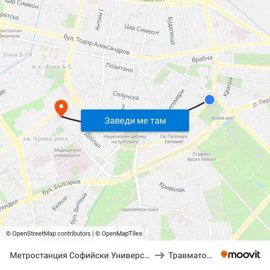 Метростанция Софийски Университет / Sofia University Metro Station (2827) to Травматология - Пирогов map