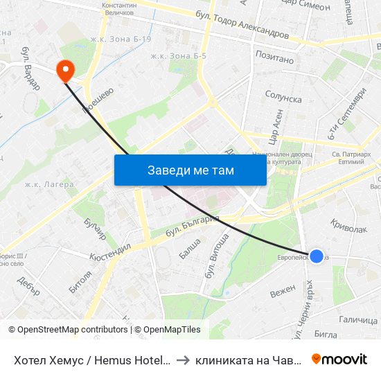 Хотел Хемус / Hemus Hotel (2329) to клиниката на Чавдаров map