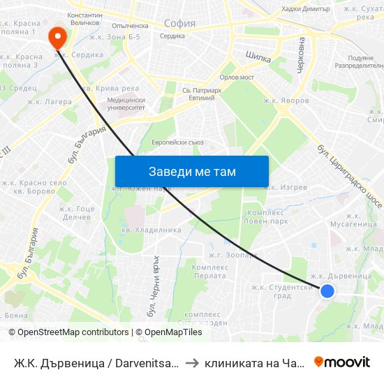 Ж.К. Дървеница / Darvenitsa Qr. (1015) to клиниката на Чавдаров map