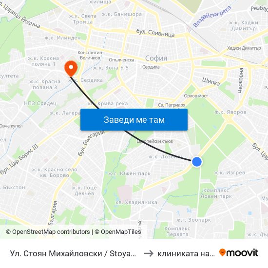 Ул. Стоян Михайловски / Stoyan Mihaylovski St. (2191) to клиниката на Чавдаров map