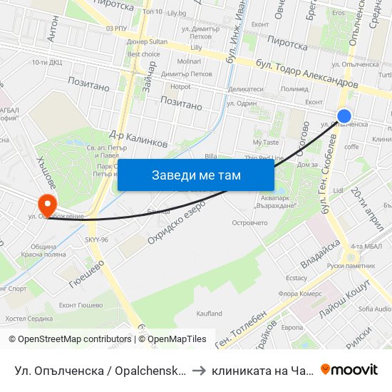 Ул. Опълченска / Opalchenska St. (2085) to клиниката на Чавдаров map