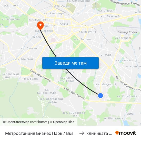 Метростанция Бизнес Парк / Business Park Metro Station (2490) to клиниката на Чавдаров map