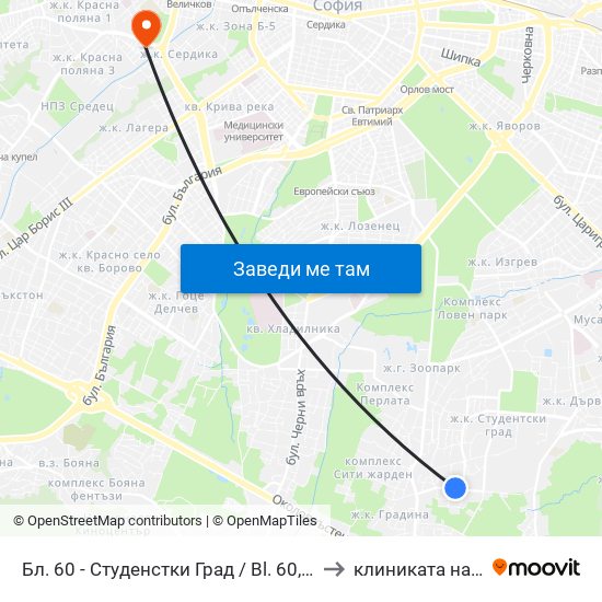 Бл. 60 - Студенстки Град / Bl. 60, Students' Town (2507) to клиниката на Чавдаров map