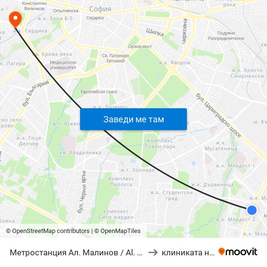 Метростанция Ал. Малинов / Al. Malinov Metro Station (0169) to клиниката на Чавдаров map