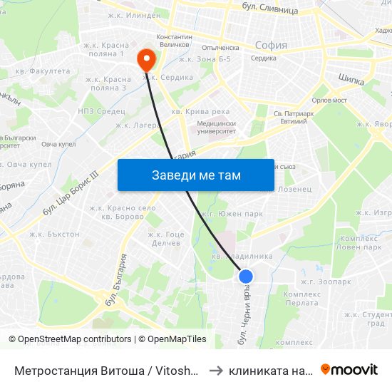 Метростанция Витоша / Vitosha Metro Station (2756) to клиниката на Чавдаров map