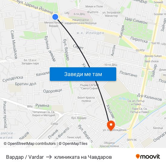 Вардар / Vardar to клиниката на Чавдаров map