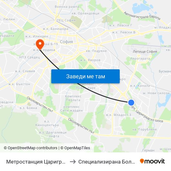 Метростанция Цариградско Шосе / Tsarigradsko Shosse Metro Station (1016) to Специализирана Болница За деца С Церабрална Парализа "Света София" map