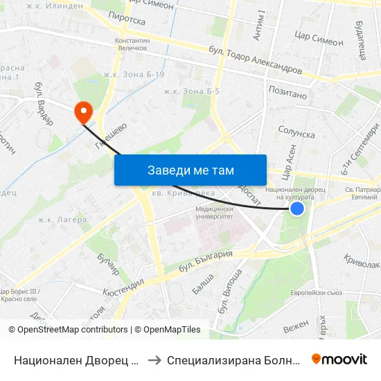 Ⓜ️ Национален Дворец На Културата / National Palace Of Culture (1139) to Специализирана Болница За деца С Церабрална Парализа "Света София" map