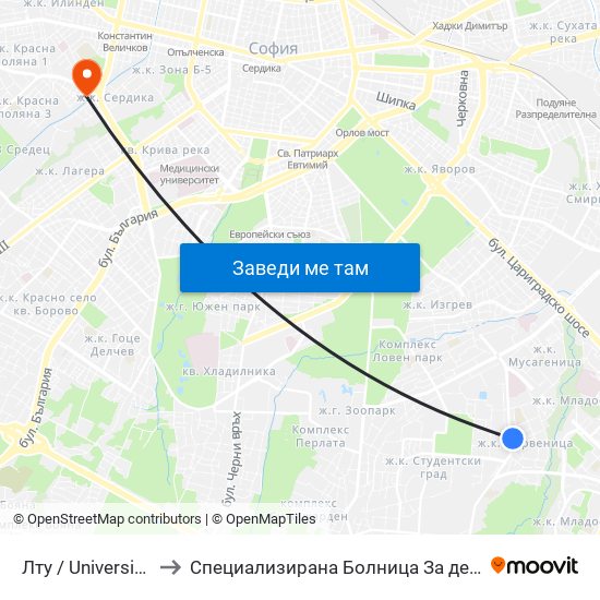 Лту / University Of Forestry (0614) to Специализирана Болница За деца С Церабрална Парализа "Света София" map